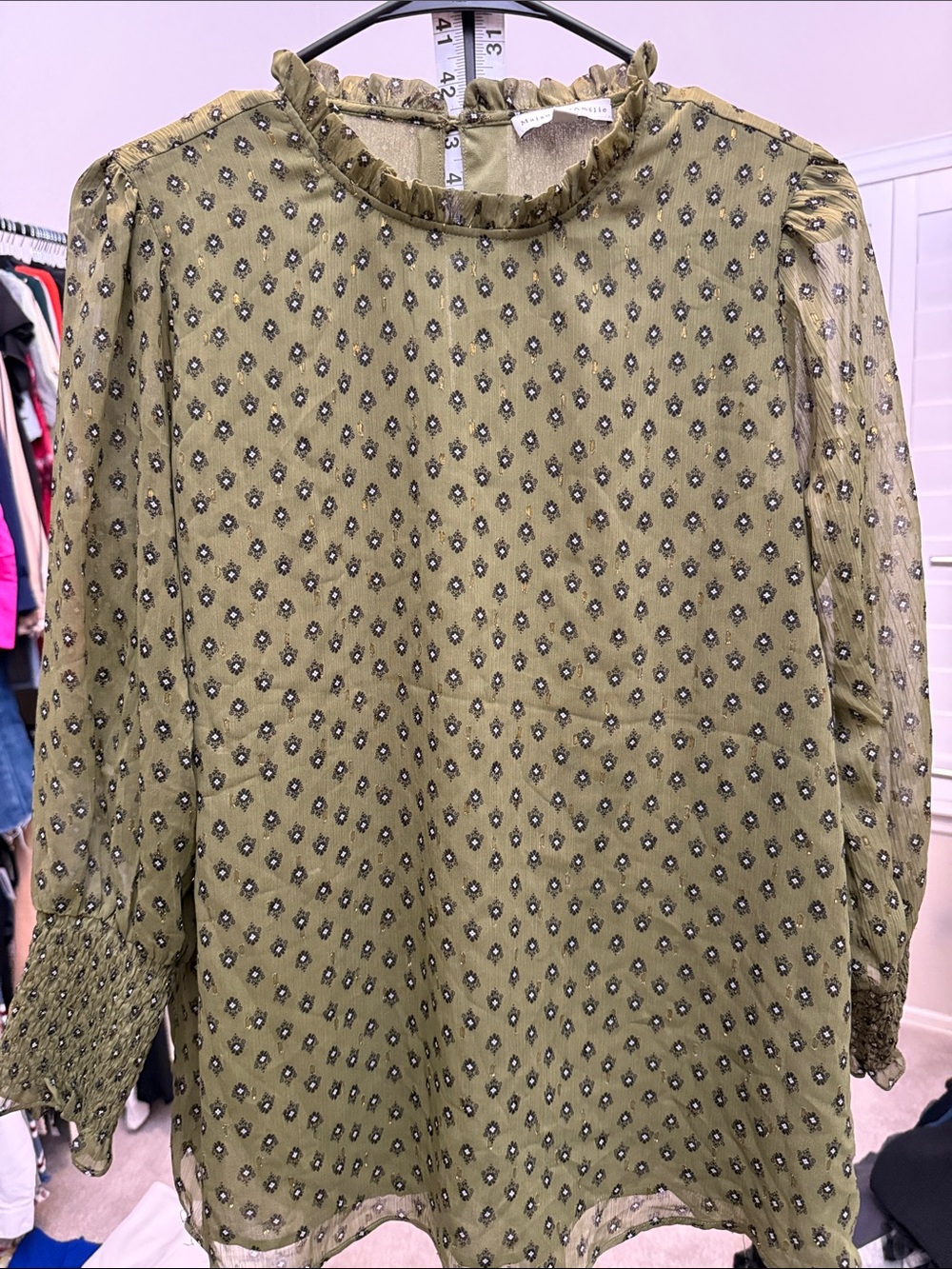 Maison d’Amelie Olive Green Printed Ruffle-Neck Blouse
